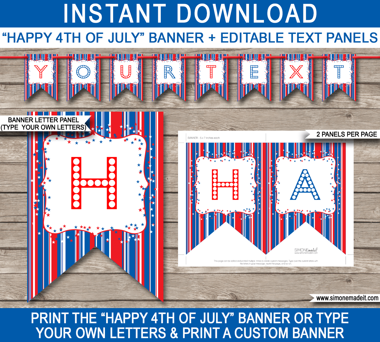4th of July Party Banner Template - Bunting Template - Fourth of July BBQ - Editable and Printable DIY Template - INSTANT DOWNLOAD $4.50 via simonemadeit.com