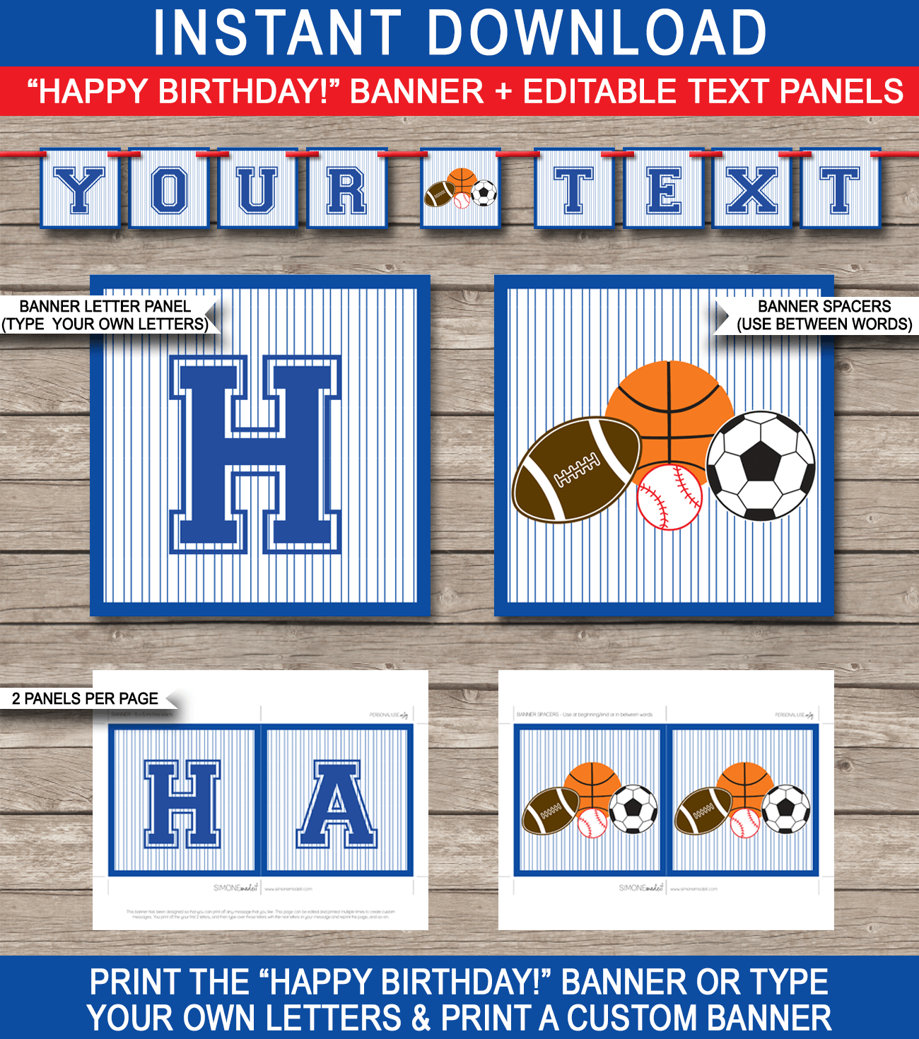 All Star Sports Party Banner Template - Sports Bunting - Happy Birthday Banner - Birthday Party - Editable and Printable DIY Template - INSTANT DOWNLOAD $4.50 via simonemadeit.com