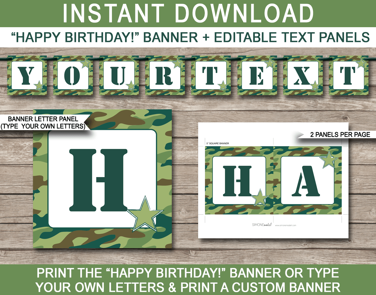 Army Camo Banner Template - Camo Bunting - Happy Birthday Banner - Birthday Party - Editable and Printable DIY Template - INSTANT DOWNLOAD $4.50 via simonemadeit.com