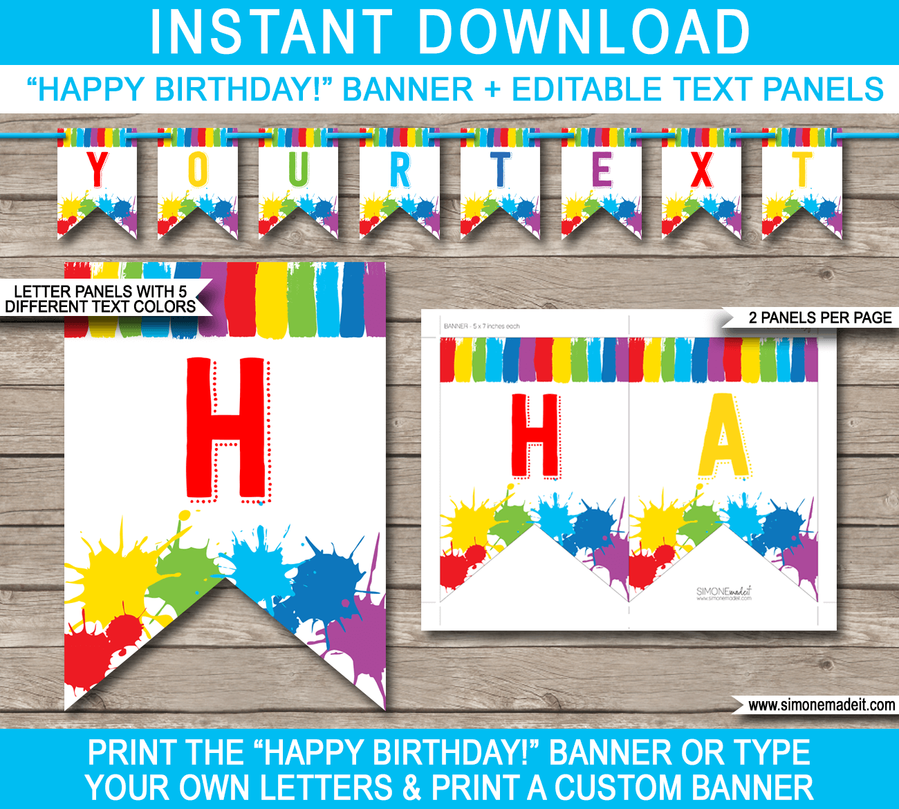 Art Party Banner Template - Art Bunting - Paint Party - Happy Birthday Banner - Birthday Party - Editable and Printable DIY Template - INSTANT DOWNLOAD $4.50 via simonemadeit.com