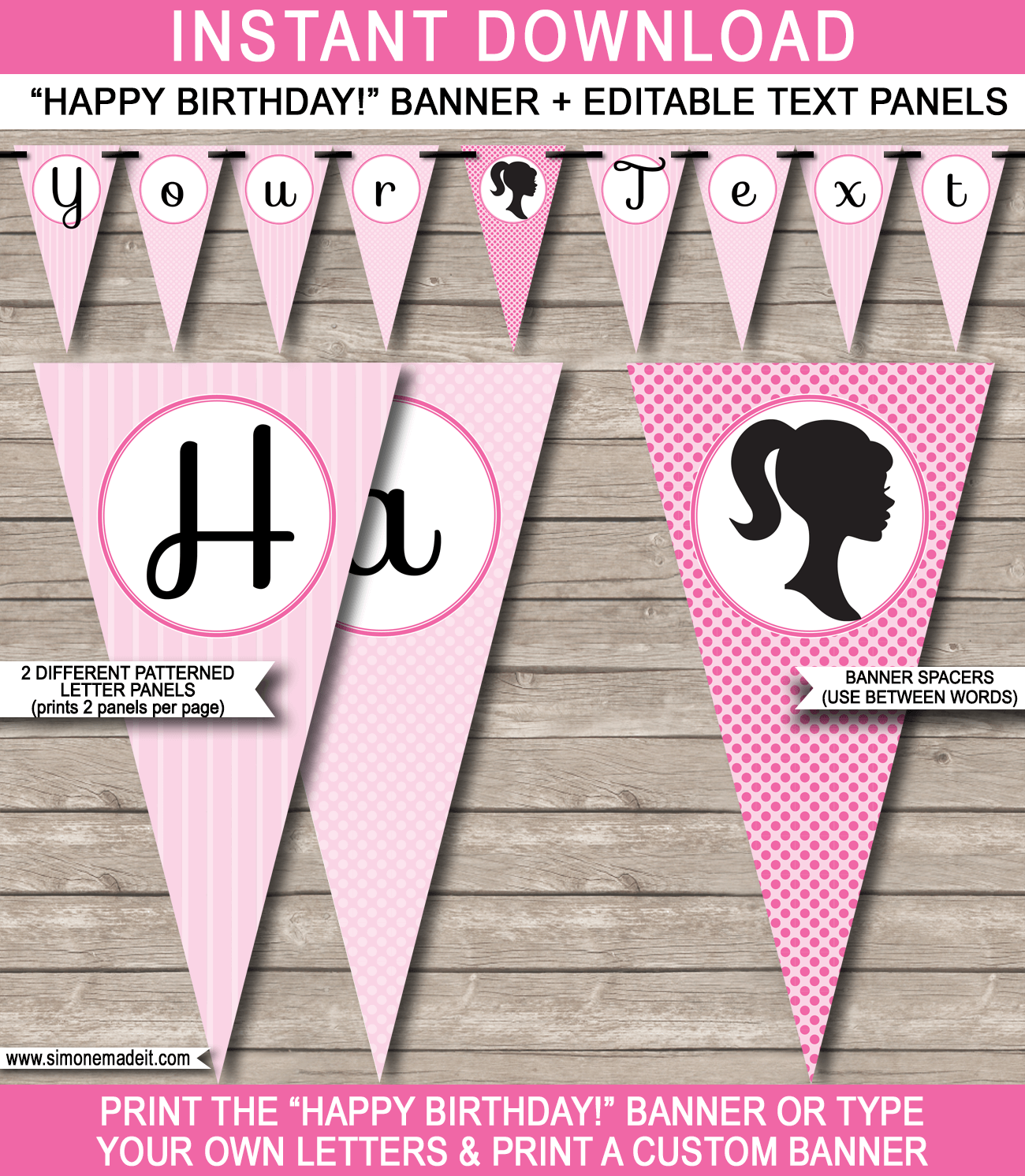 Barbie Party Banner Template - Barbie Bunting - Happy Birthday Banner - Birthday Party - Editable and Printable DIY Template - INSTANT DOWNLOAD $4.50 via simonemadeit.com