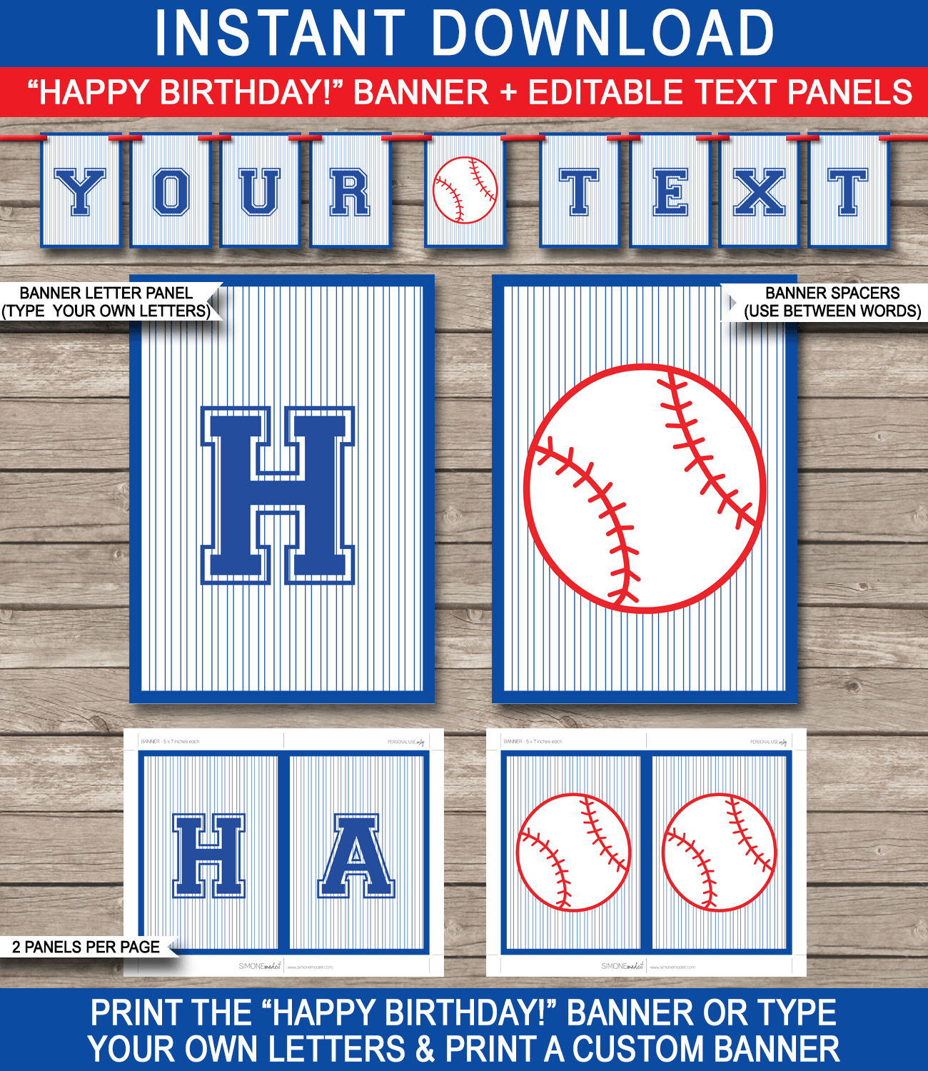 Baseball Party Banner Template - Baseball Bunting - Happy Birthday Banner - Birthday Party - Editable and Printable DIY Template - INSTANT DOWNLOAD $4.50 via simonemadeit.com