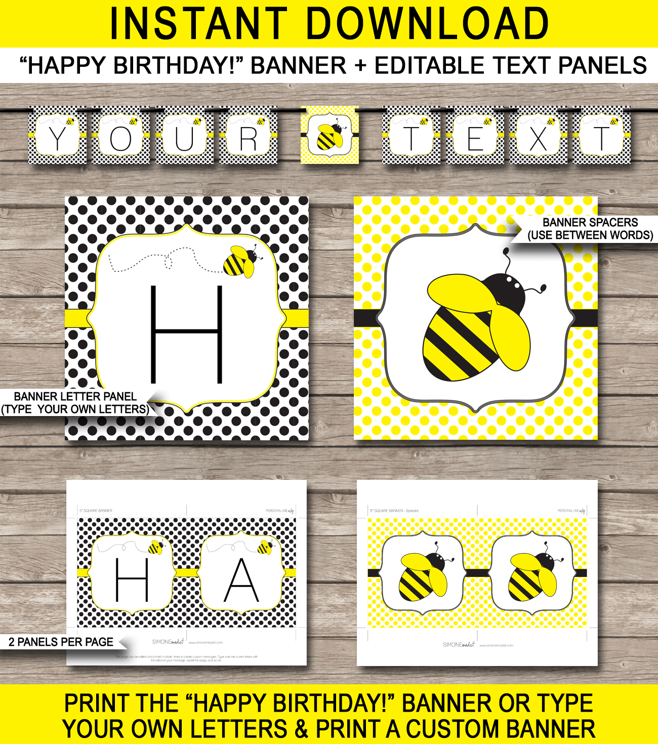 Bee Party Banner Template - Bee Bunting - Happy Birthday Banner - Birthday Party - Editable and Printable DIY Template - INSTANT DOWNLOAD $4.50 via simonemadeit.com