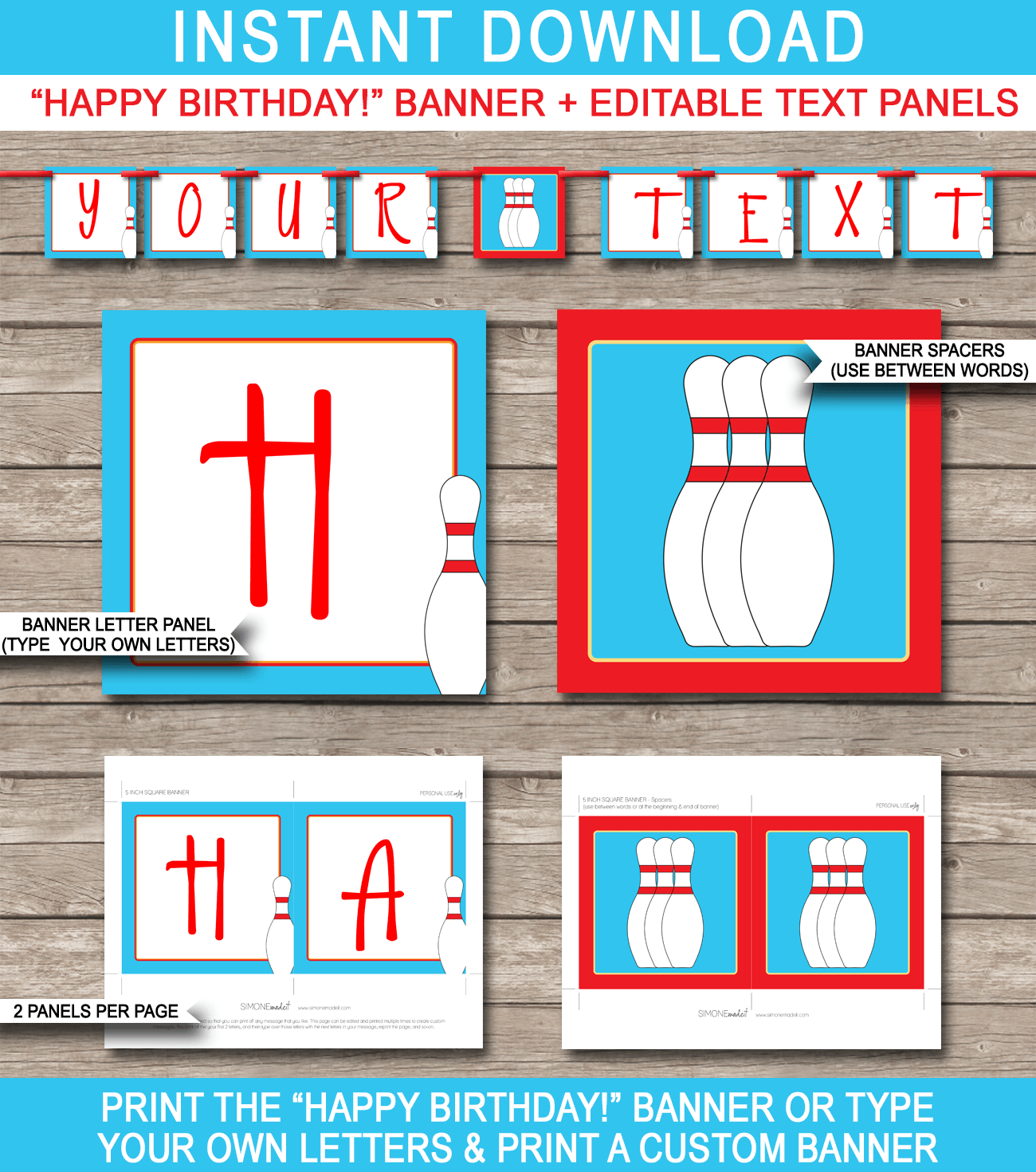 Bowling Birthday Banner Template - Bowling Bunting - Happy Birthday Banner - Birthday Party - Editable and Printable DIY Template - INSTANT DOWNLOAD $4.50 via simonemadeit.com