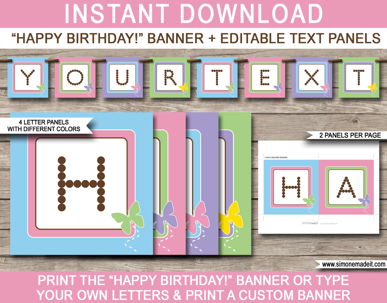 Butterfly Party Banner Template - Butterfly Bunting - Happy Birthday Banner - Birthday Party - Editable and Printable DIY Template - INSTANT DOWNLOAD $4.50 via simonemadeit.com