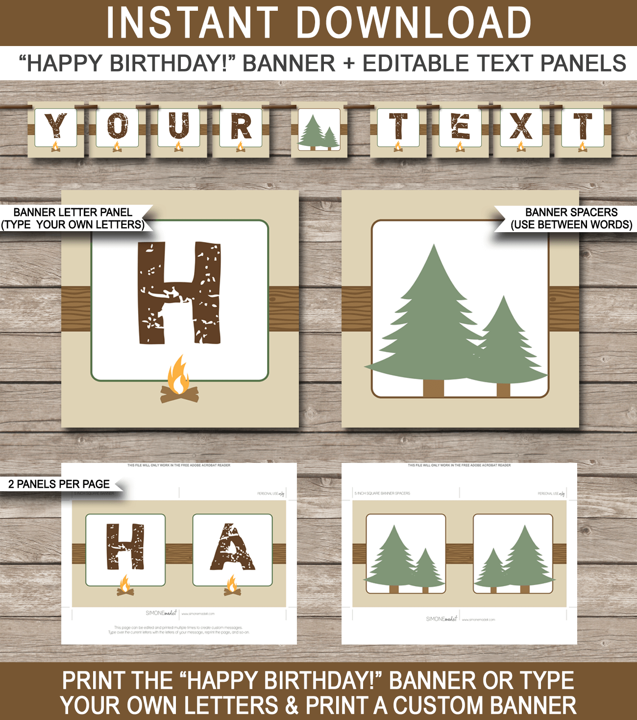 Camping Party Banner Template - Camping Bunting - Happy Birthday Banner - Birthday Party - Editable and Printable DIY Templates - INSTANT DOWNLOAD $4.50 via simonemadeit.com