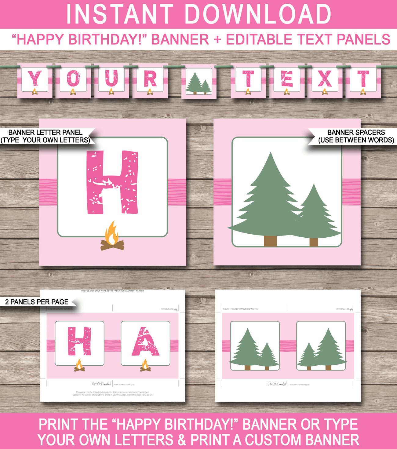 Girls Camping Banner Template - Pink Camping Bunting - Happy Birthday Banner - Birthday Party - Editable and Printable DIY Template - INSTANT DOWNLOAD $4.50 via simonemadeit.com