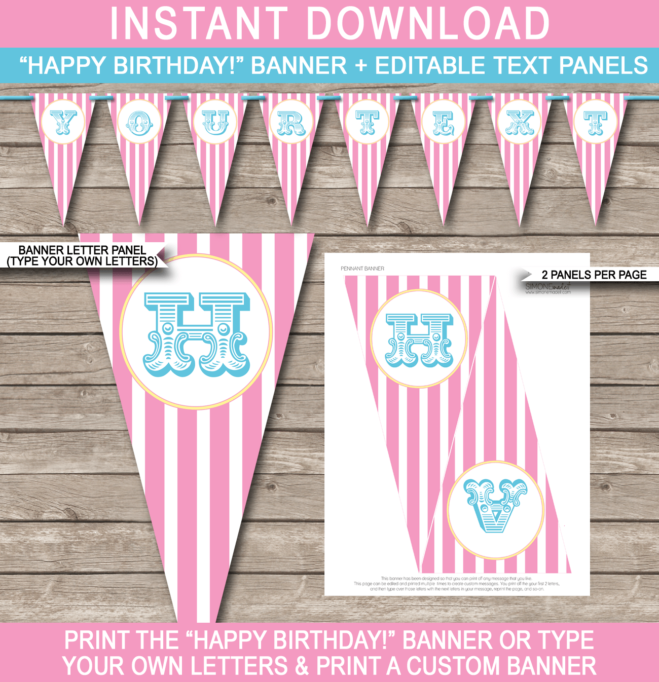 Aqua Pink Carnival Banner Template - Carnival Bunting - Circus -  Happy Birthday Banner - Birthday Party - Editable and Printable DIY Template - INSTANT DOWNLOAD $4.50 via simonemadeit.com