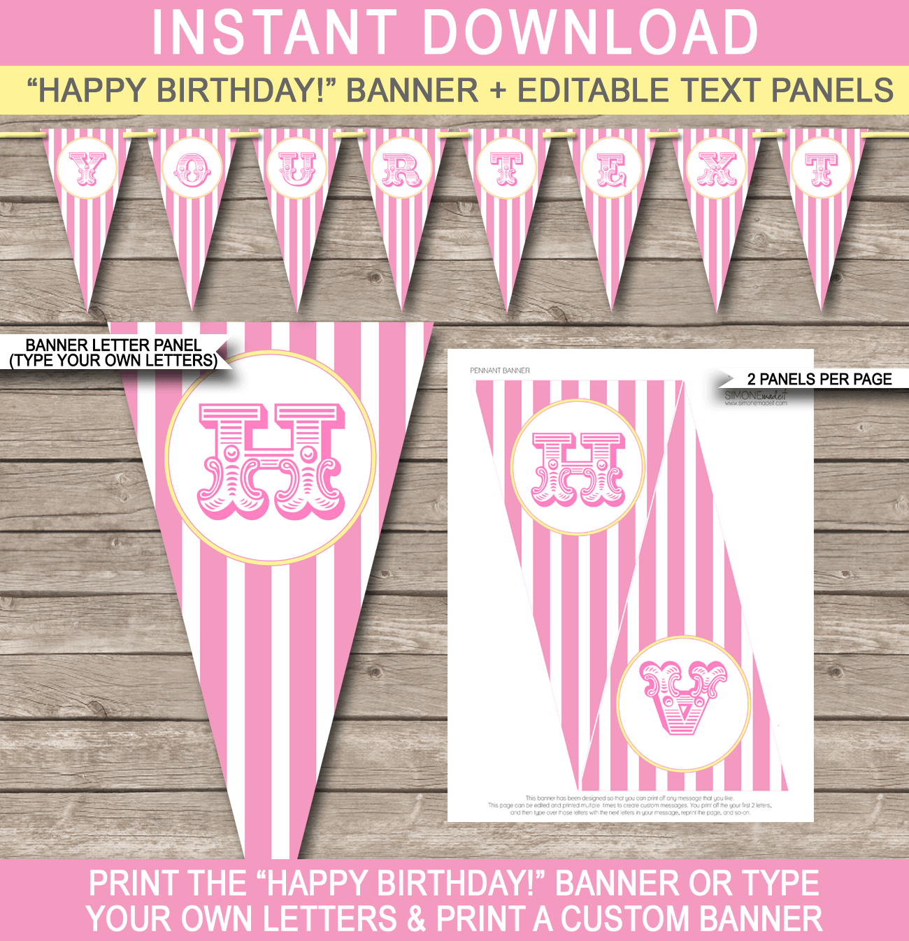 Pink Yellow Carnival Banner Template - Carnival Bunting - Circus - Happy Birthday Banner - Birthday Party - Editable and Printable DIY Template - INSTANT DOWNLOAD $4.50 via simonemadeit.com
