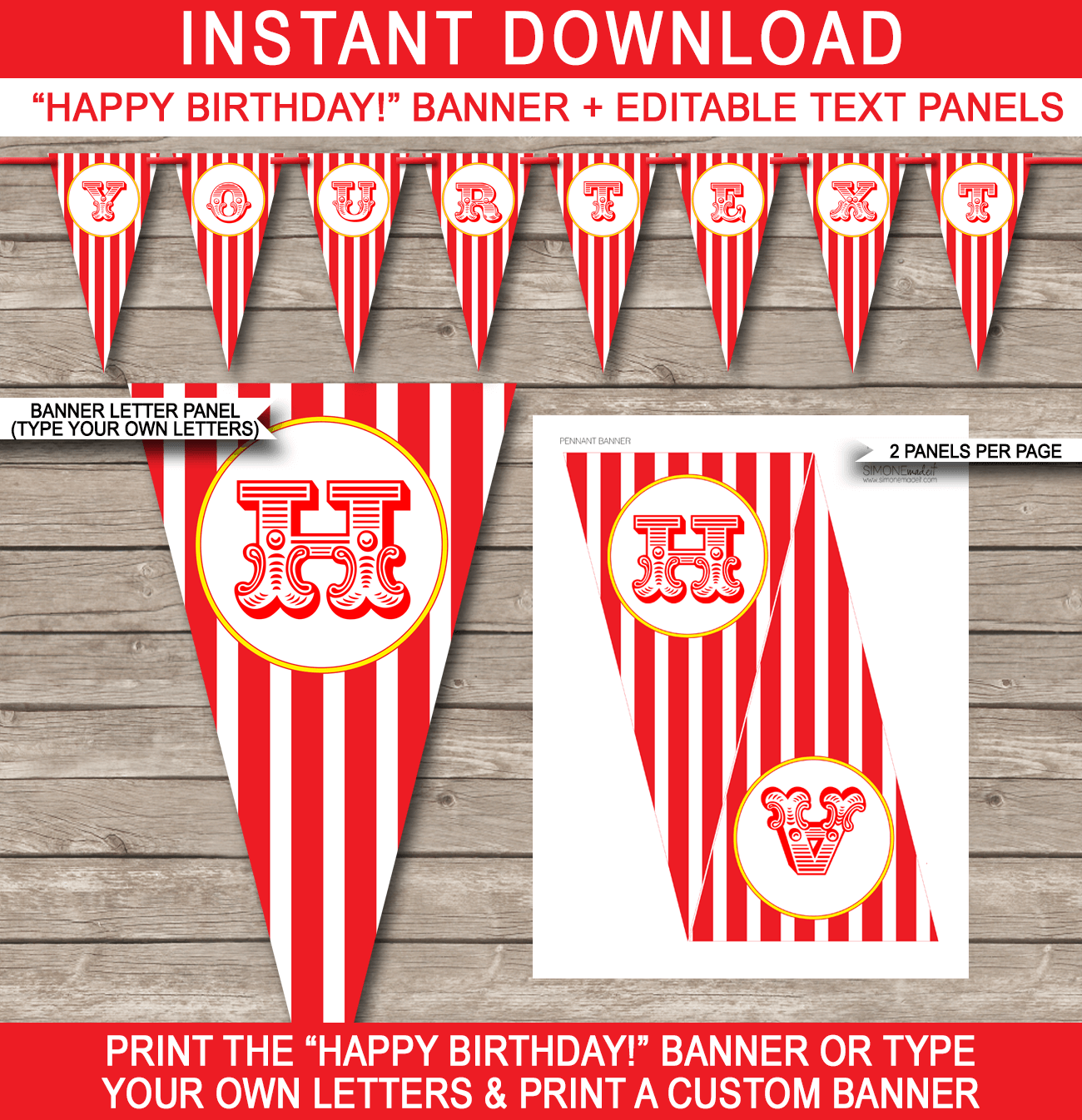 Carnival Party Banner Template - Carnival Bunting - Circus - Happy Birthday Banner - Birthday Party - Editable and Printable DIY Template - INSTANT DOWNLOAD $4.50 via simonemadeit.com