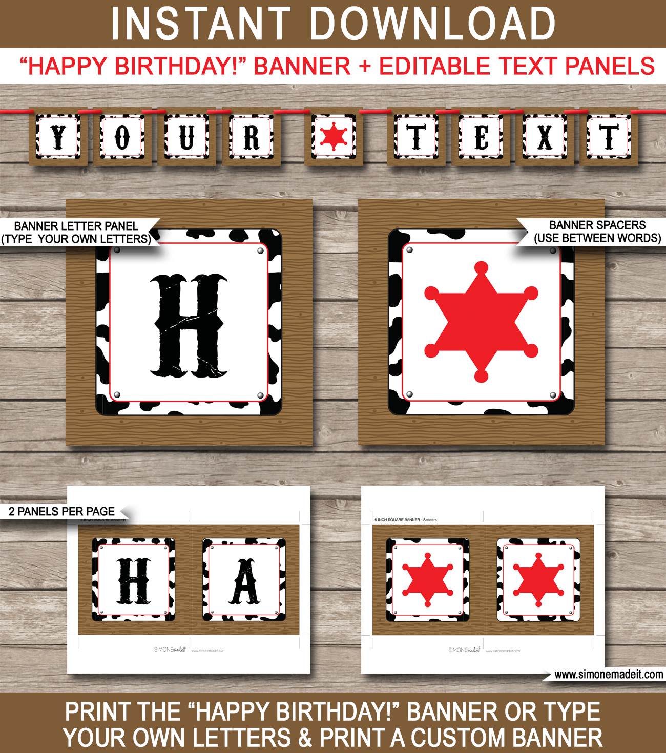 Cowboy Party Banner Template - Cowboy Bunting - Happy Birthday Banner - Birthday Party - Editable and Printable DIY Template - INSTANT DOWNLOAD $4.50 via simonemadeit.com