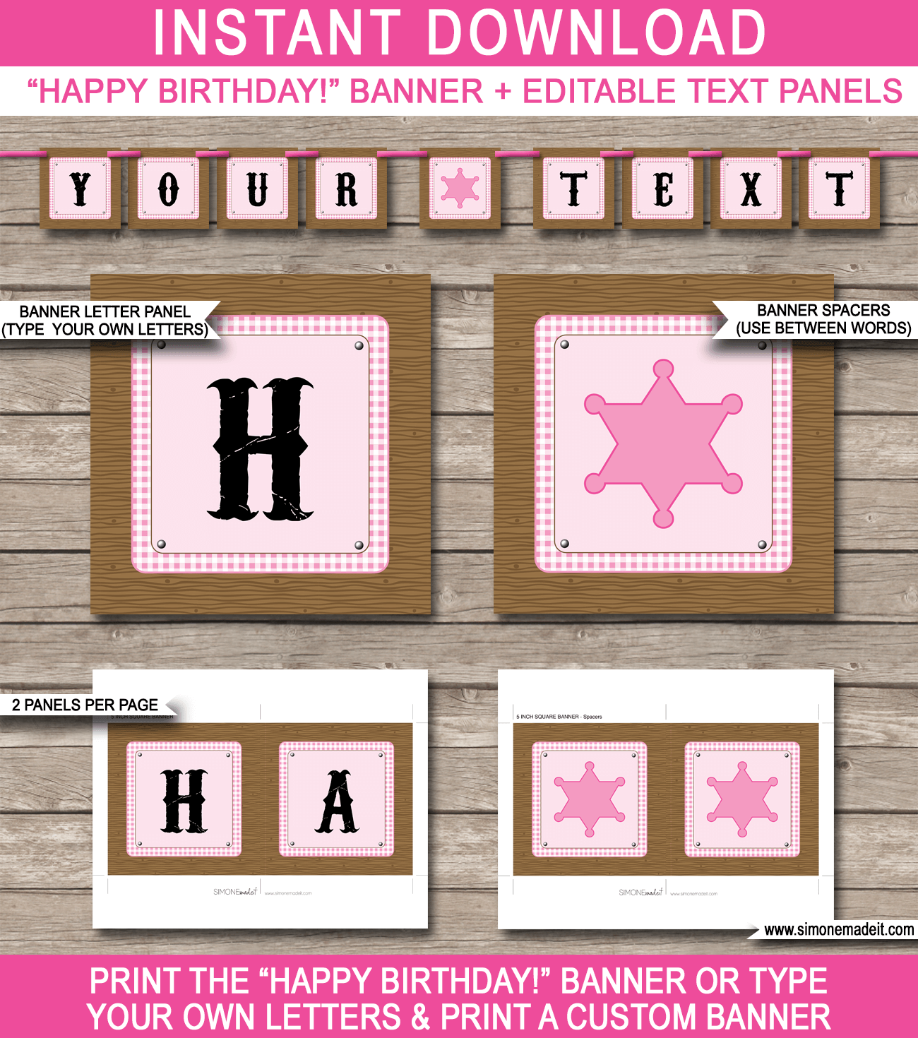 Cowgirl Party Banner Template - Cowgirl Bunting - Happy Birthday Banner - Birthday Party - Editable and Printable DIY Template - INSTANT DOWNLOAD $4.50 via simonemadeit.com
