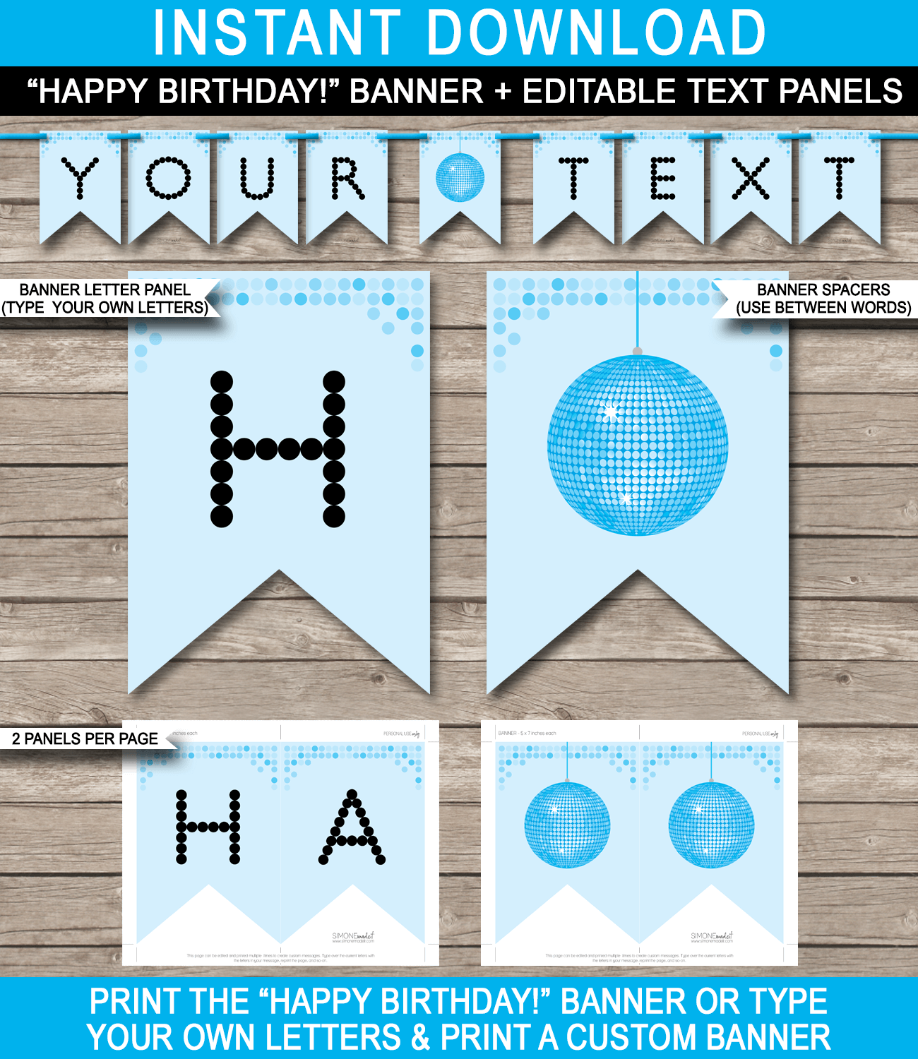 Blue Dance Banner Template - Disco Bunting - Disco Banner - Happy Birthday Banner - Birthday Party - Editable and Printable DIY Template - INSTANT DOWNLOAD $4.50 via simonemadeit.com