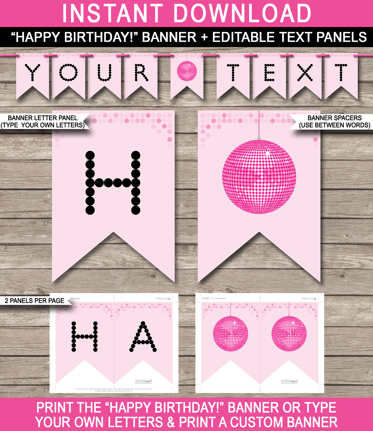 Dance Party Banner Template - Disco Bunting - Disco Party Banner - Happy Birthday Banner - Birthday Party - Editable and Printable DIY Template - INSTANT DOWNLOAD $4.50 via simonemadeit.com