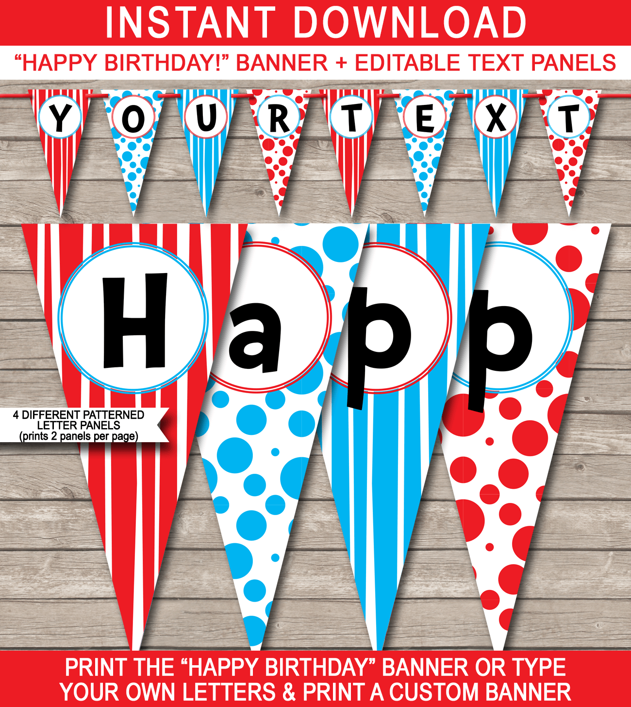 Dr Seuss Party Banner Template - Dr Seuss Bunting - Happy Birthday Banner - Birthday Party - Editable and Printable DIY Template - INSTANT DOWNLOAD $4.50 via simonemadeit.com