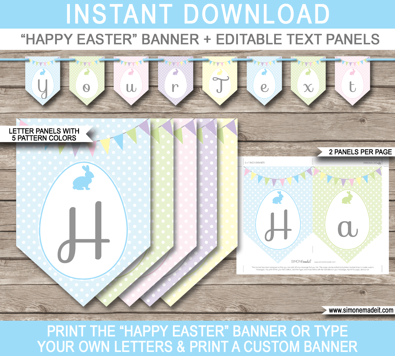 Printable Easter Pennant Banner Template - Easter Bunting - Happy Easter Banner - DIY Editable Text - INSTANT DOWNLOAD $4.50 via simonemadeit.com