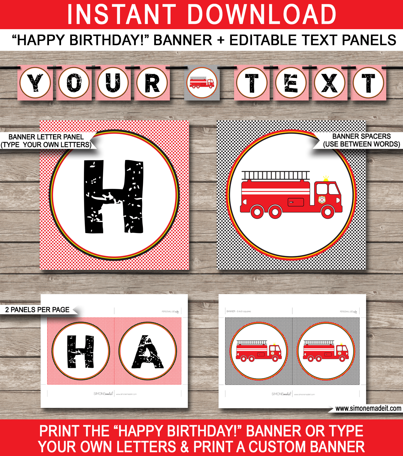Fireman Party Banner Template - Fireman Bunting - Happy Birthday Banner - Firetruck - Birthday Party - Editable and Printable DIY Template - INSTANT DOWNLOAD $4.50 via simonemadeit.com