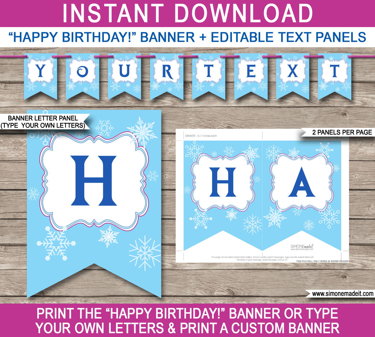 Frozen Party Banner Template - Frozen Bunting - Happy Birthday Banner - Birthday Party - Editable and Printable DIY Template - INSTANT DOWNLOAD $4.50 via simonemadeit.com