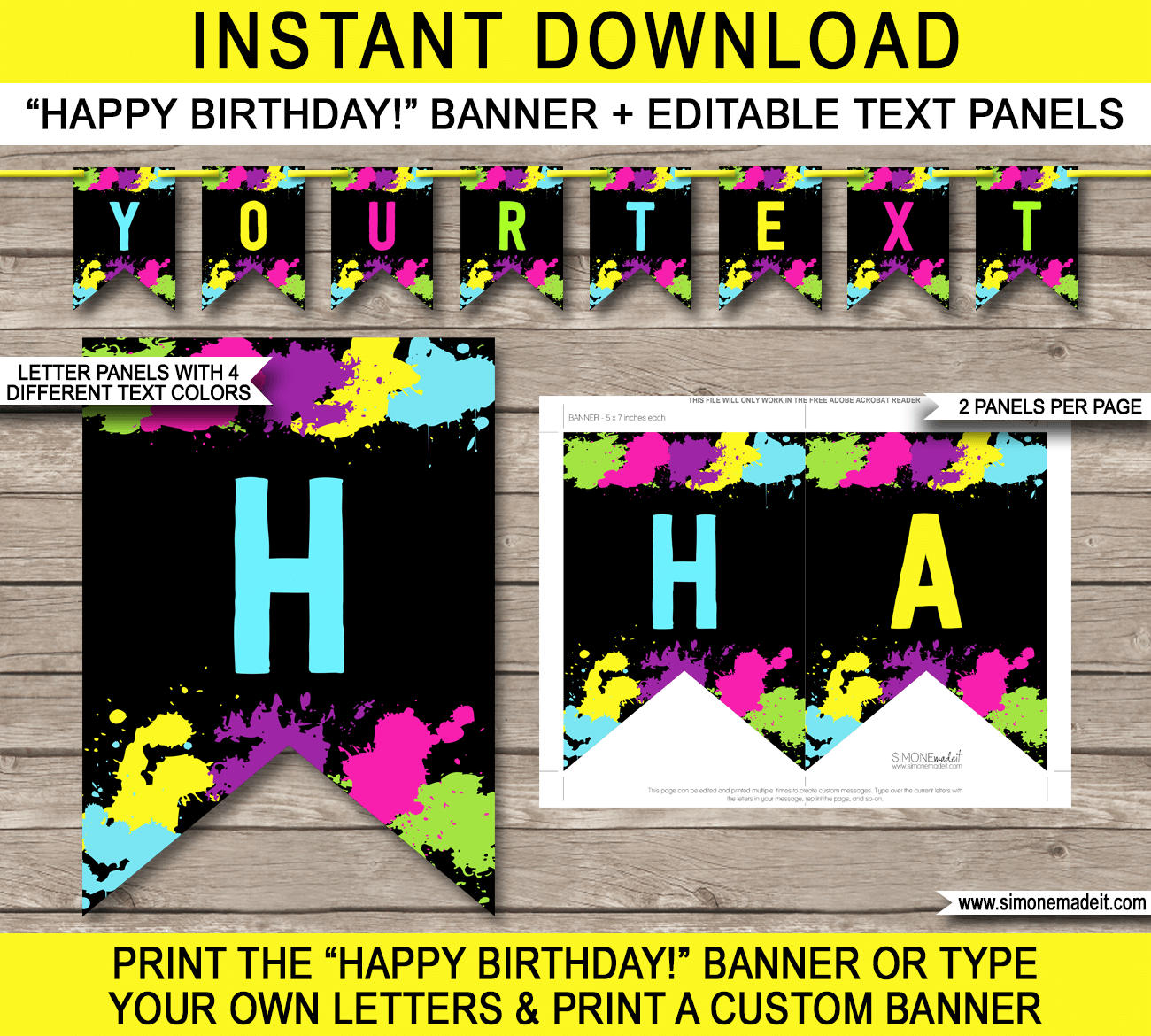 Neon Glow Party Pennant Banner Template - Neon Glow Bunting - Happy Birthday Banner - Birthday Party - Editable and Printable DIY Template - INSTANT DOWNLOAD $4.50 via simonemadeit.com