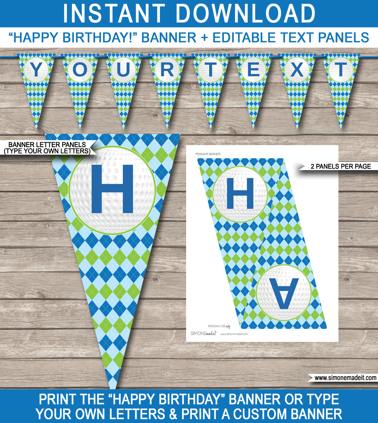 Golf Party Banner Template - Golf Bunting - Happy Birthday Banner - Birthday Party - Editable and Printable DIY Template - INSTANT DOWNLOAD $4.50 via simonemadeit.com