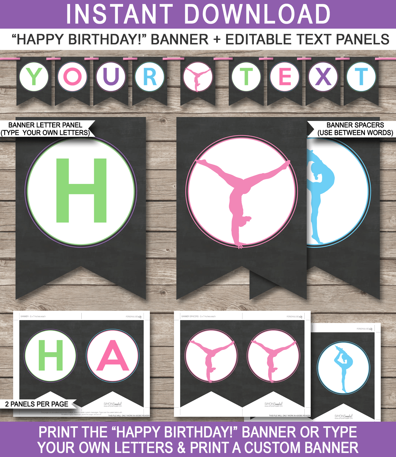 Gymnastics Party Banner Template - Gymnastics Bunting - Happy Birthday Banner - Chalkboard - Birthday Party - Editable and Printable DIY Template - INSTANT DOWNLOAD $4.50 via simonemadeit.com