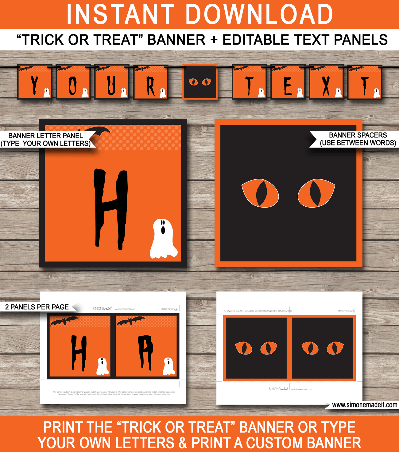 Printable Halloween Pennant Banner Template - Halloween Trick or Treat Bunting - DIY Editable Text - INSTANT DOWNLOAD $4.50 via simonemadeit.com