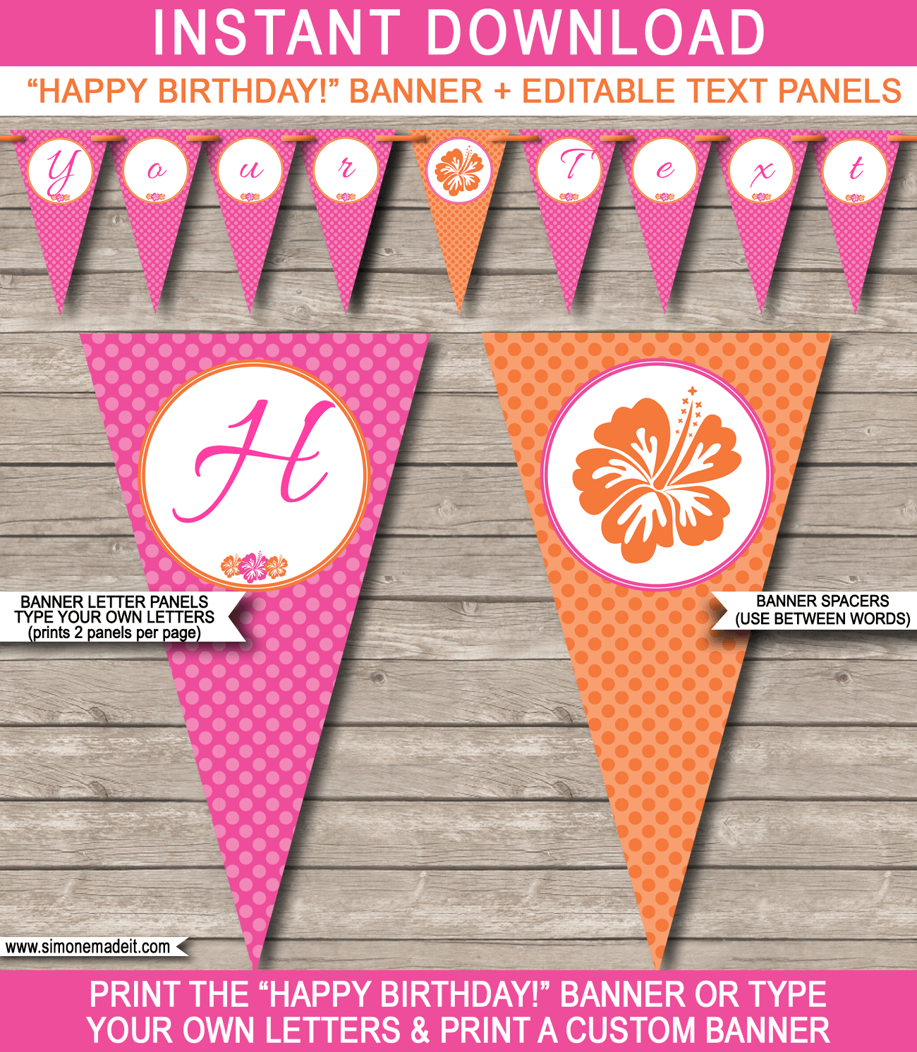 Hawaiian Luau Party Banner Template - Hawaiian Luau Bunting - Luau Pennant - Happy Birthday Banner - Birthday Party - Editable and Printable DIY Template - INSTANT DOWNLOAD $4.50 via simonemadeit.com