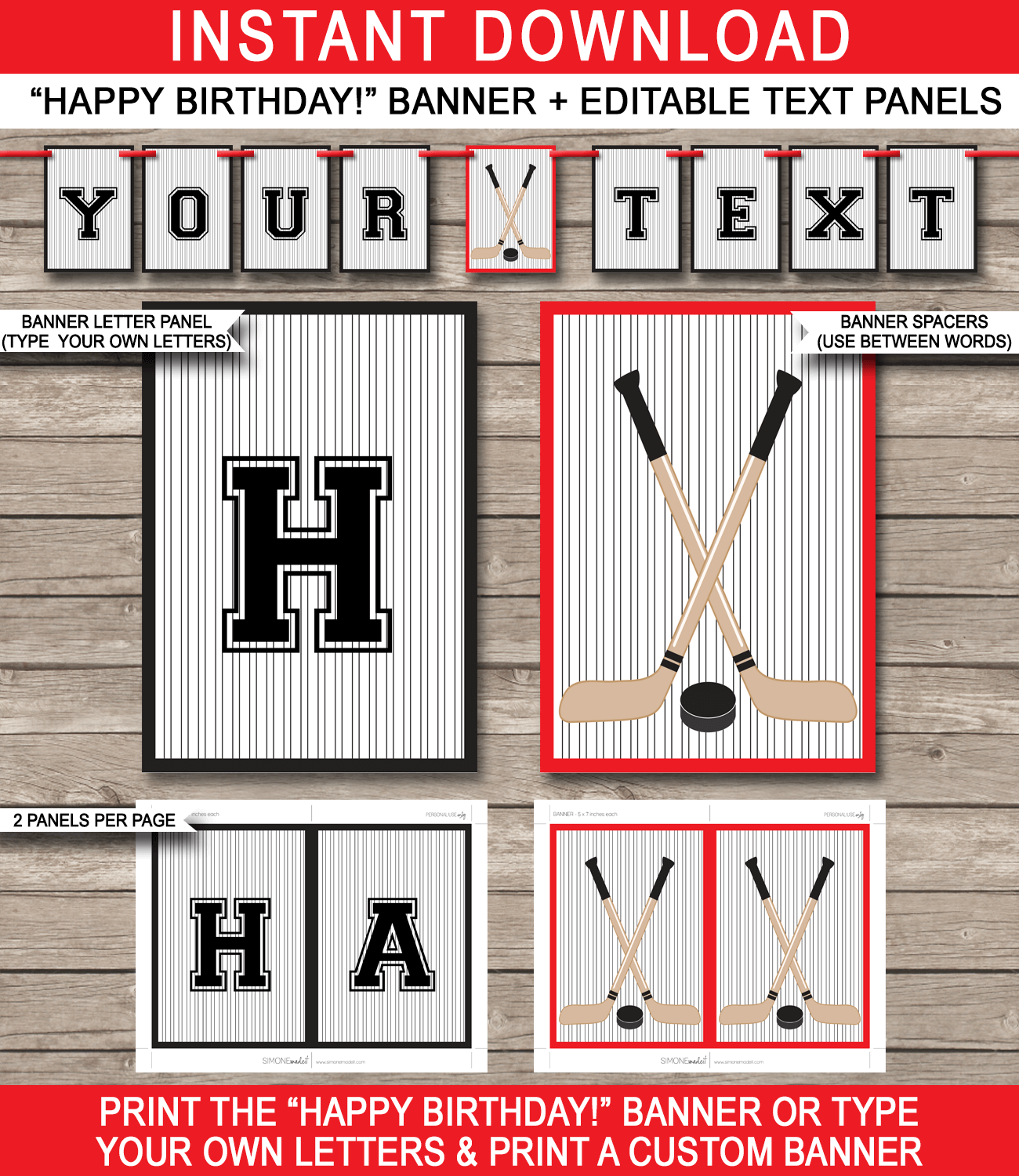 Hockey Party Banner Template - Hockey Bunting - Happy Birthday Banner - Birthday Party - Red and Black - Editable and Printable DIY Template - INSTANT DOWNLOAD $4.50 via simonemadeit.com