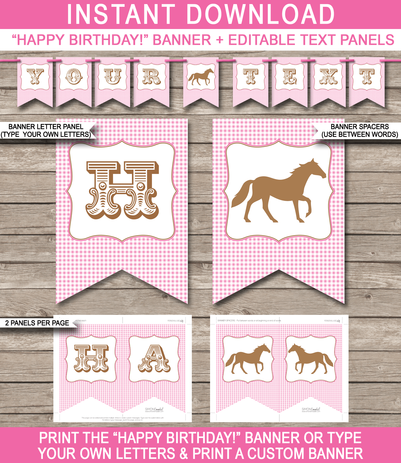 Horse or Pony Party Banner Template - Pony Bunting - Happy Birthday Banner - Birthday Party - Editable and Printable DIY Template - INSTANT DOWNLOAD $4.50 via simonemadeit.com