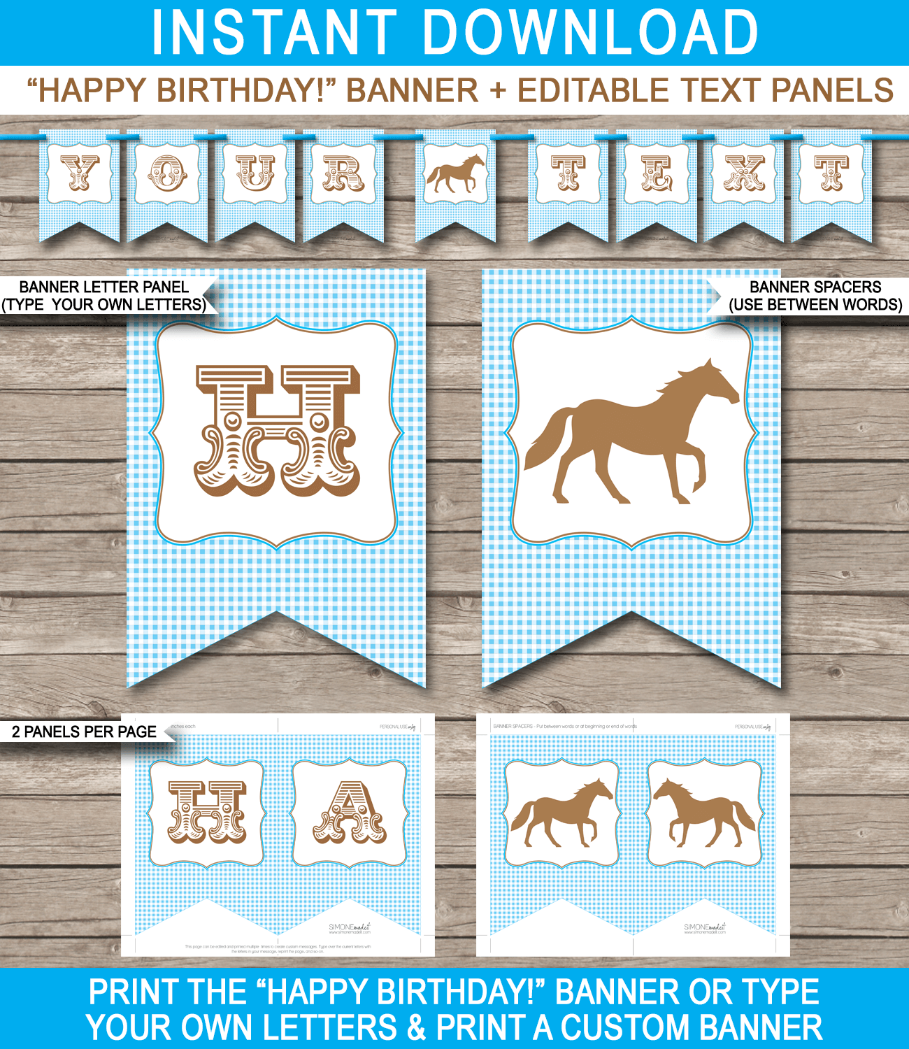 Pony or Horse Birthday Banner Template - Bunting - Happy Birthday Banner - Birthday Party - Editable and Printable DIY Template - INSTANT DOWNLOAD $4.50 via simonemadeit.com