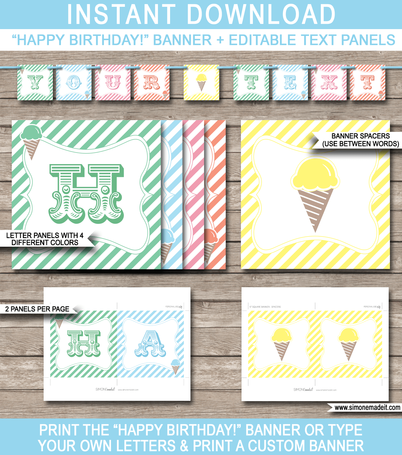 Ice Cream Party Banner Template - Ice Cream Bunting - Happy Birthday Banner - Birthday Party - Ice Cream Social - Editable and Printable DIY Template - INSTANT DOWNLOAD $4.50 via simonemadeit.com