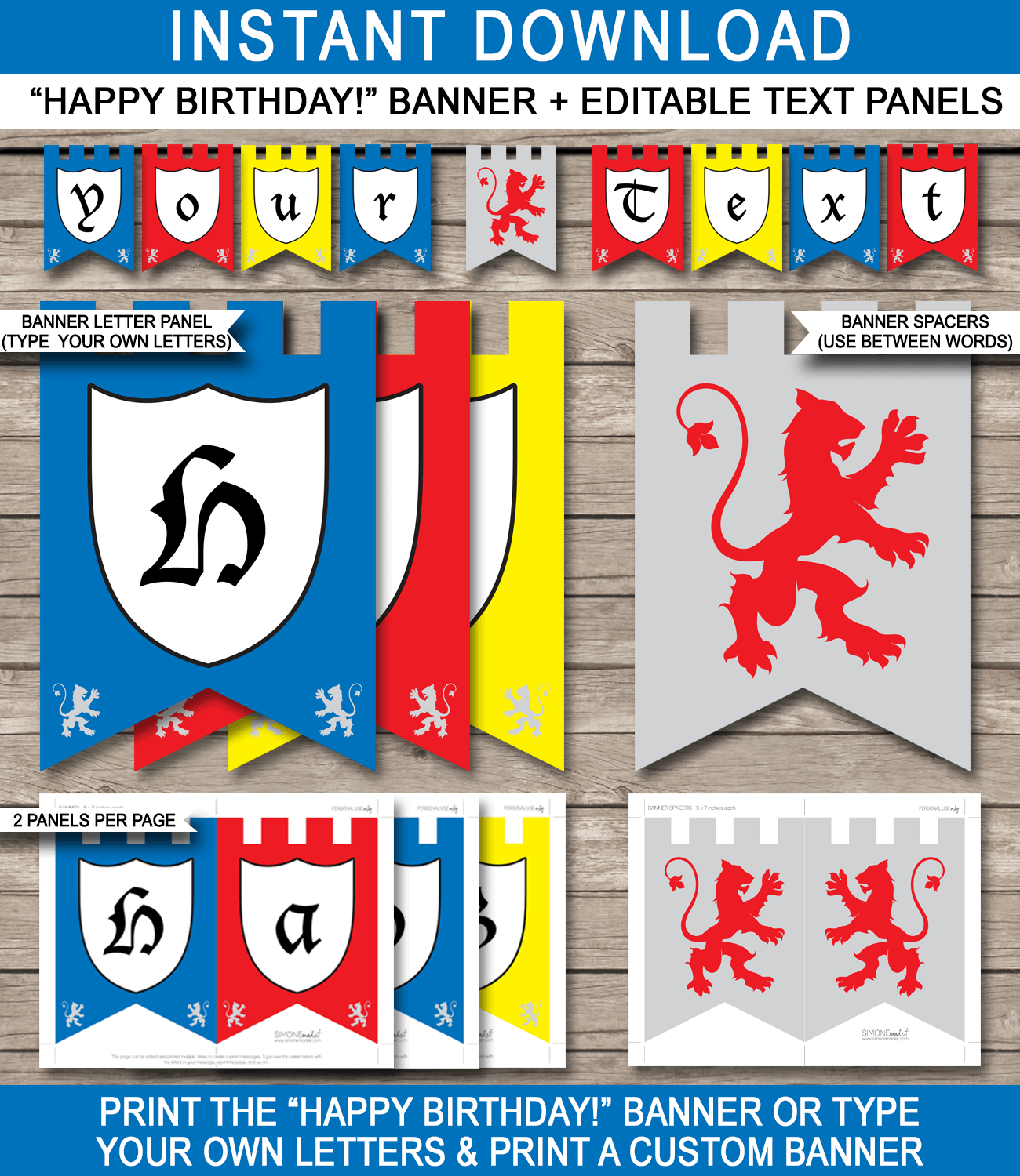 Knight Party Banner Template - Knight Bunting - Happy Birthday Banner - Medieval Knights - Birthday Party - Editable and Printable DIY Template - INSTANT DOWNLOAD $4.50 via simonemadeit.com