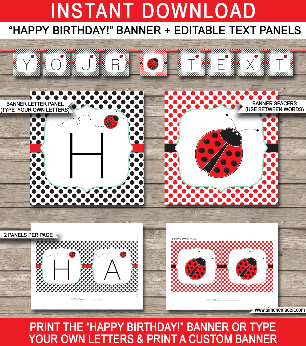 Ladybug Party Banner Template - Ladybug Bunting - Ladybird - Happy Birthday Banner - Birthday Party - Editable and Printable DIY Template - INSTANT DOWNLOAD $4.50 via simonemadeit.com