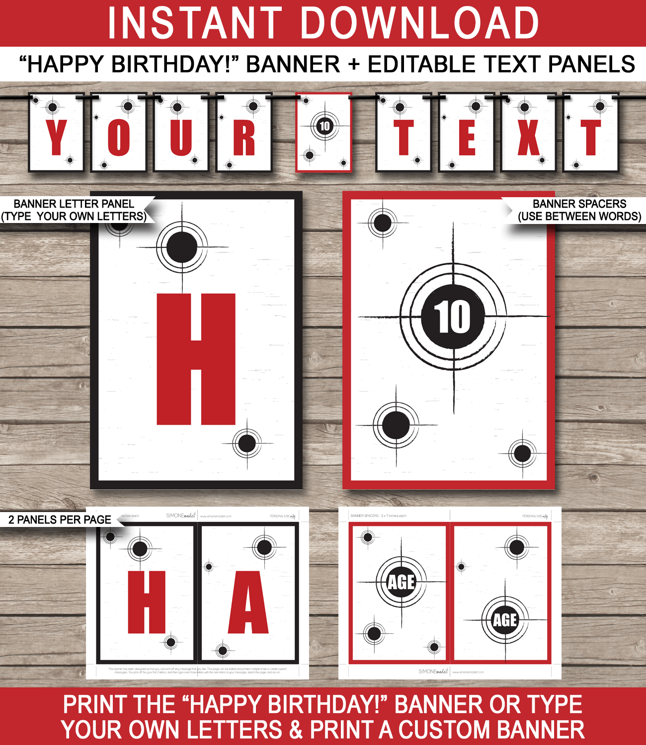 Laser Tag Party Banner Template - Laser Tag Bunting - Happy Birthday Banner - Birthday Party - Red and Black - Editable and Printable DIY Template - INSTANT DOWNLOAD $4.50 via simonemadeit.com