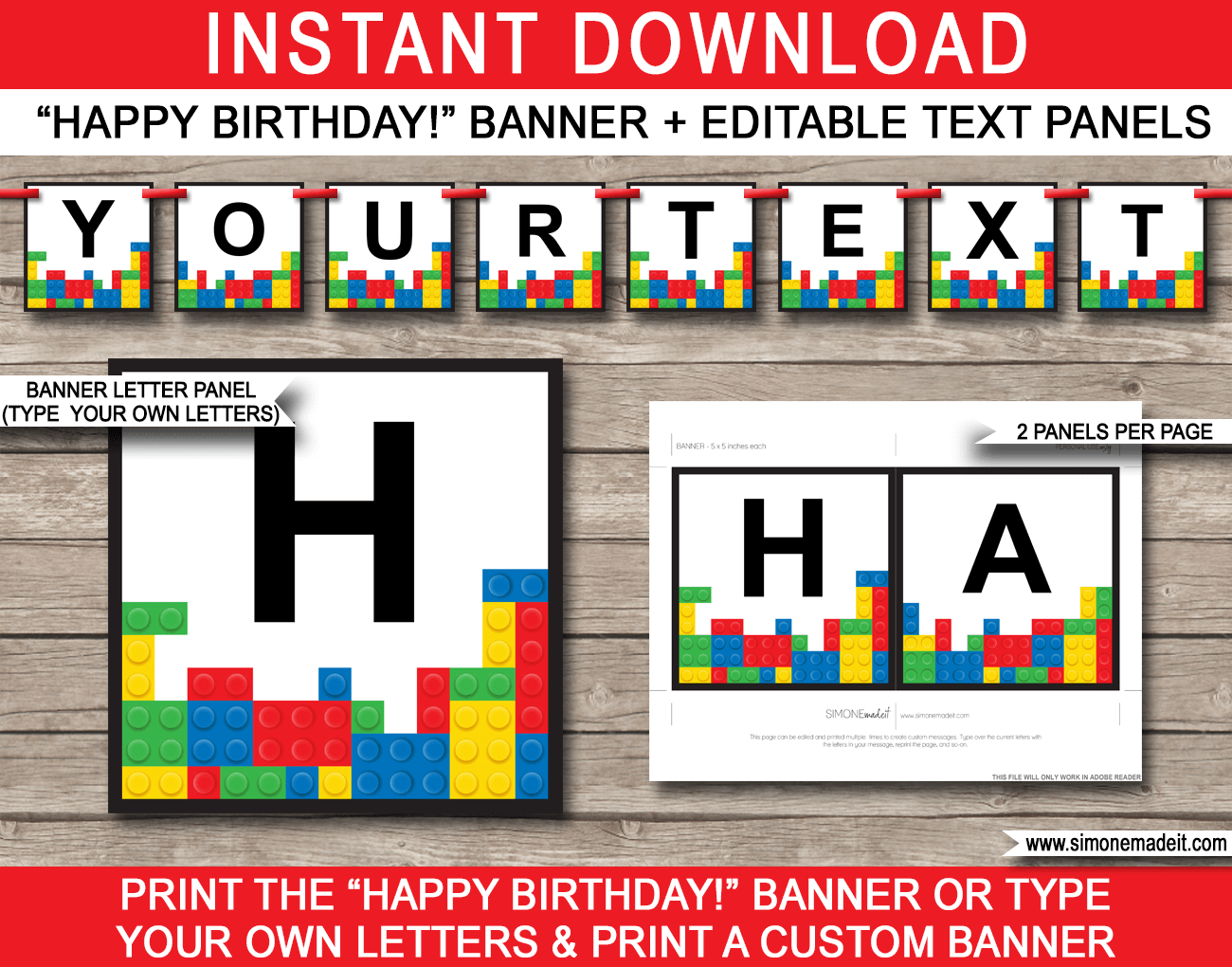 Lego Party Banner Template - Lego Bunting - Happy Birthday Banner - Birthday Party - Editable and Printable DIY Template - INSTANT DOWNLOAD $4.50 via simonemadeit.com