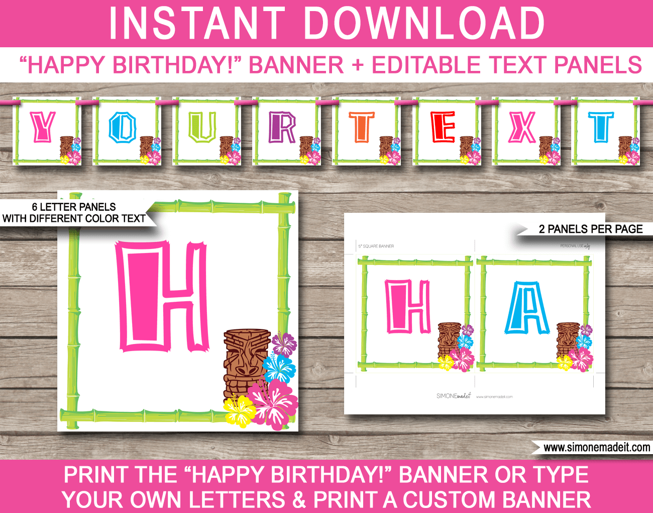 Luau Party Banner Template - Luau Bunting - Happy Birthday Banner - Birthday Party - Editable and Printable DIY Template - INSTANT DOWNLOAD $4.50 via simonemadeit.com