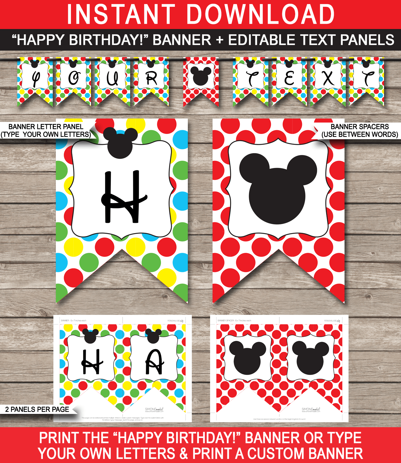 Mickey Mouse Party Banner Template - Mickey Mouse Bunting - Happy Birthday Banner - Birthday Party - Editable and Printable DIY Template - INSTANT DOWNLOAD $4.50 via simonemadeit.com