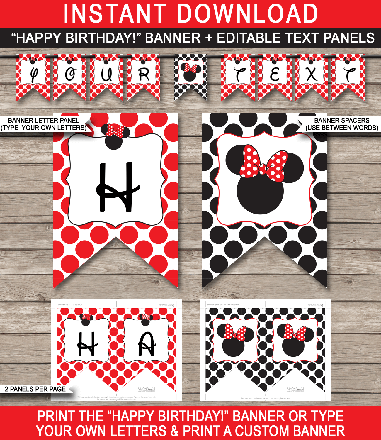 Minnie Mouse Birthday Banner Template - Red - Minnie Mouse Bunting - Happy Birthday Banner - Birthday Party - Editable and Printable DIY Template - INSTANT DOWNLOAD $4.50 via simonemadeit.com