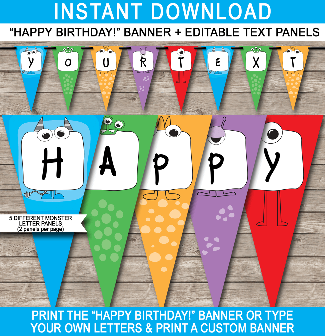 Monster Party Banner Template - Monster Bunting - Happy Birthday Banner - Birthday Party - Editable and Printable DIY Template - INSTANT DOWNLOAD $4.50 via simonemadeit.com