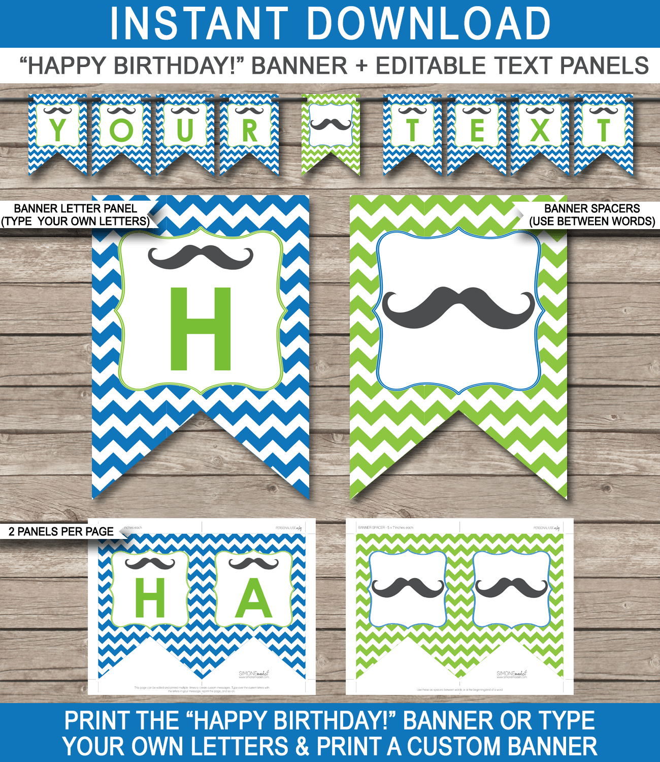 Mustache Party Banner Template - Mustache Bunting - Little Man - Happy Birthday Banner - Birthday Party - Editable and Printable DIY Template - INSTANT DOWNLOAD $4.50 via simonemadeit.com