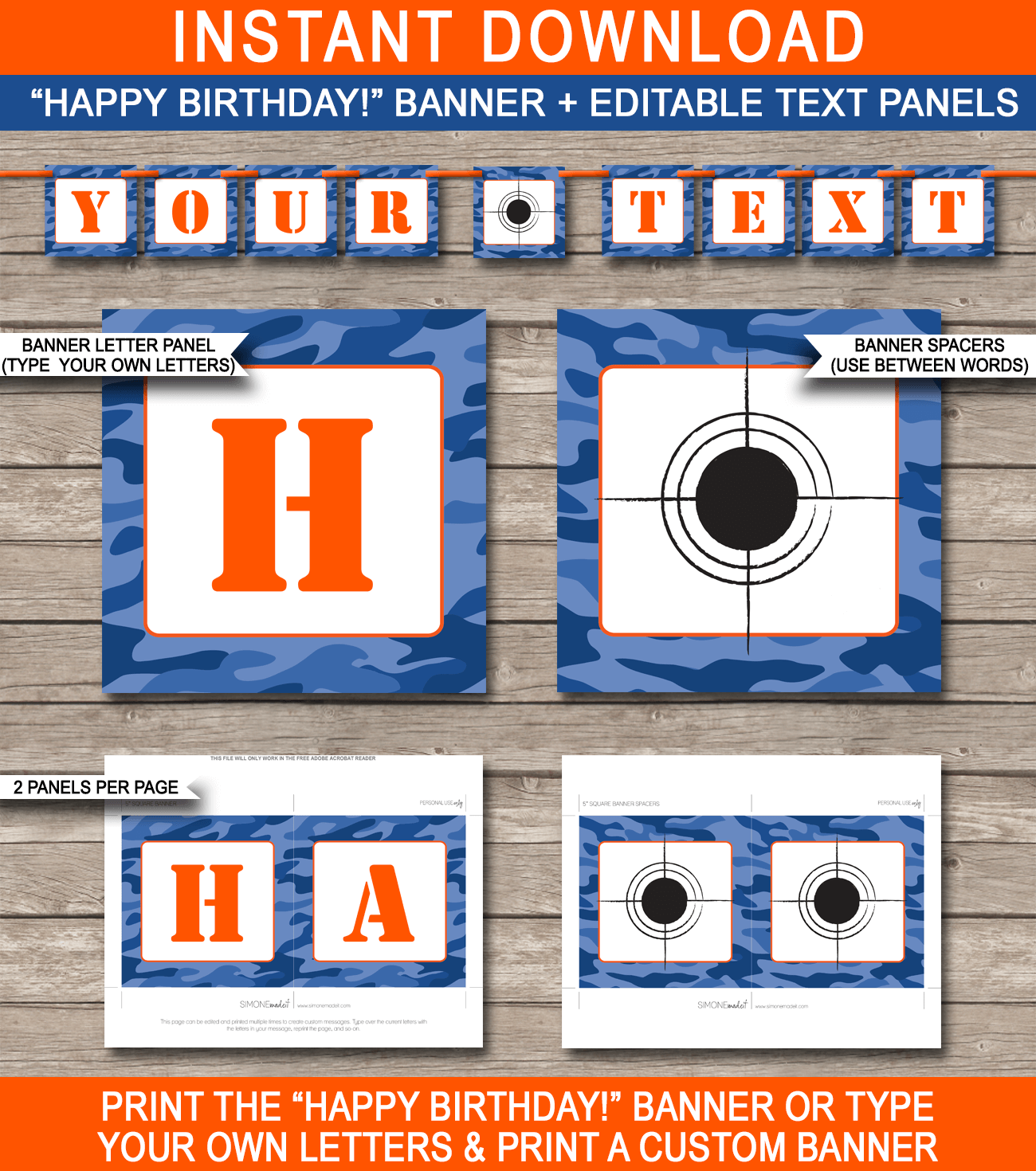 Blue Camo Nerf Banner Template - Nerf Bunting - Happy Birthday Banner - Birthday Party - Editable and Printable DIY Template - INSTANT DOWNLOAD $4.50 via simonemadeit.com