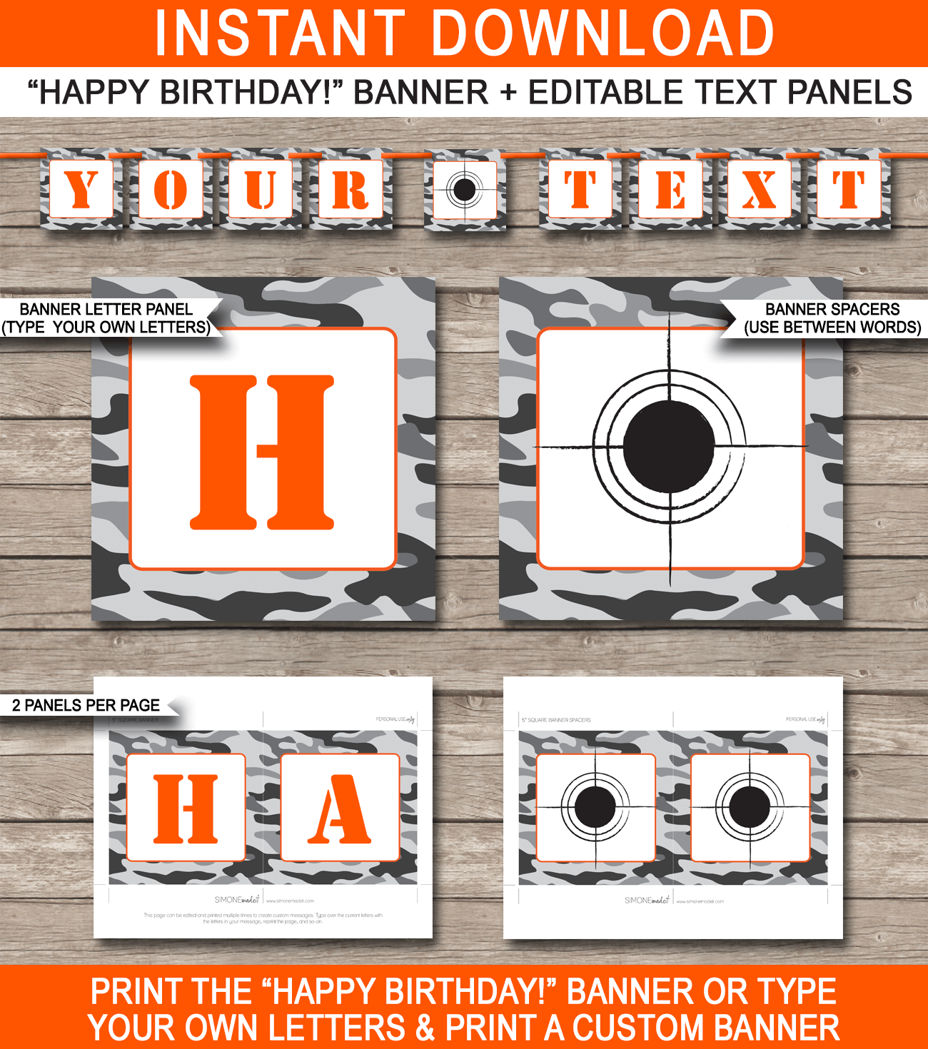 Nerf Party Banner Template - Nerf Bunting - Happy Birthday Banner - Gray Camo - Birthday Party - Editable and Printable DIY Template - INSTANT DOWNLOAD $4.50 via simonemadeit.com