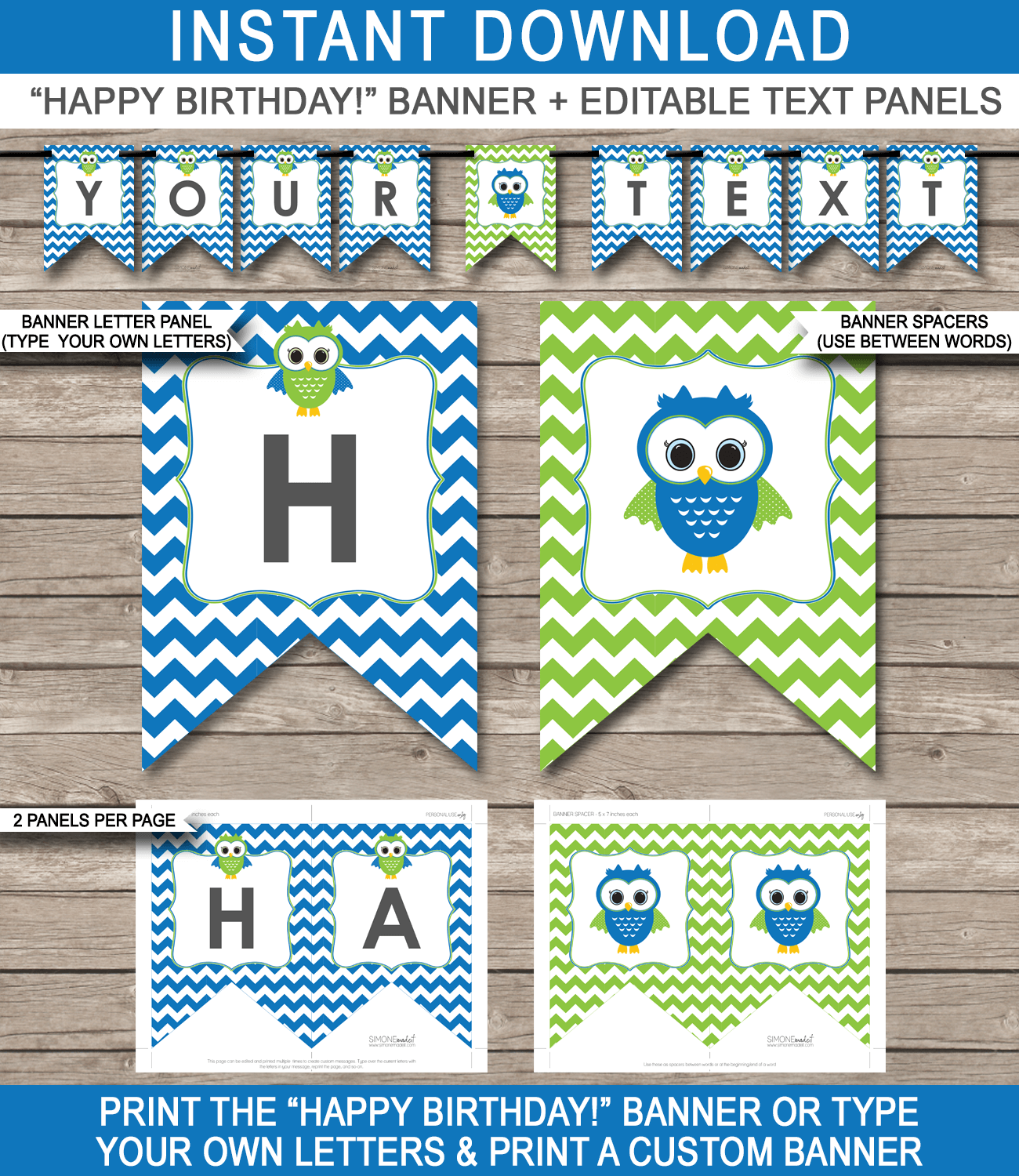 Blue Owl Party Banner Template - Owl Bunting - Happy Birthday Banner - Birthday Party - Editable and Printable DIY Template - INSTANT DOWNLOAD $4.50 via simonemadeit.com