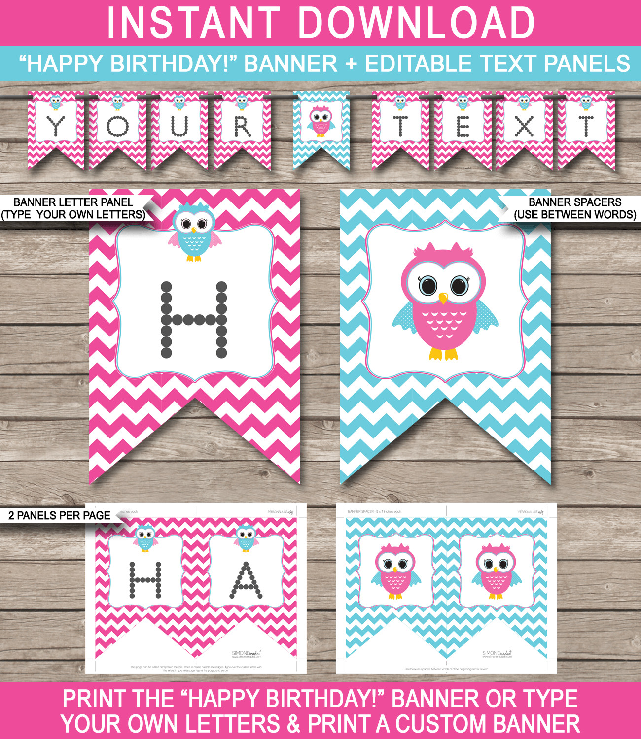 Owl Birthday Banner Template - Owl Bunting - Happy Birthday Banner - Pink & Aqua - Birthday Party - Editable and Printable DIY Template - INSTANT DOWNLOAD $4.50 via simonemadeit.com