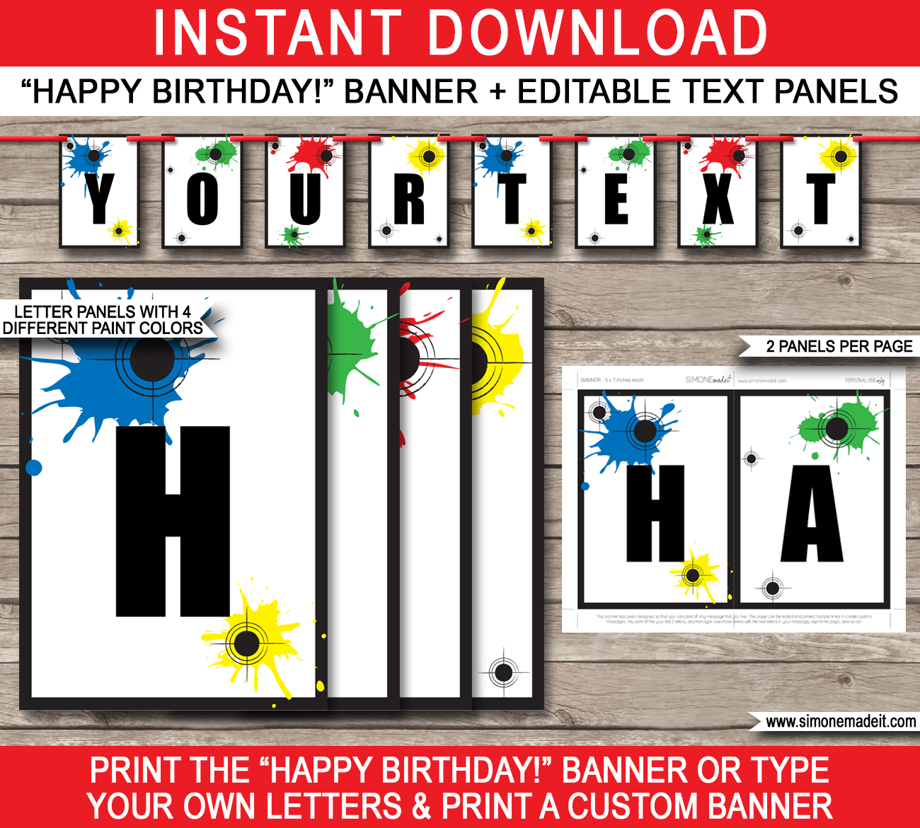 Paintball Party Banner Template - Paintball Bunting - Happy Birthday Banner - Birthday Party - Editable and Printable DIY Template - INSTANT DOWNLOAD $4.50 via simonemadeit.com