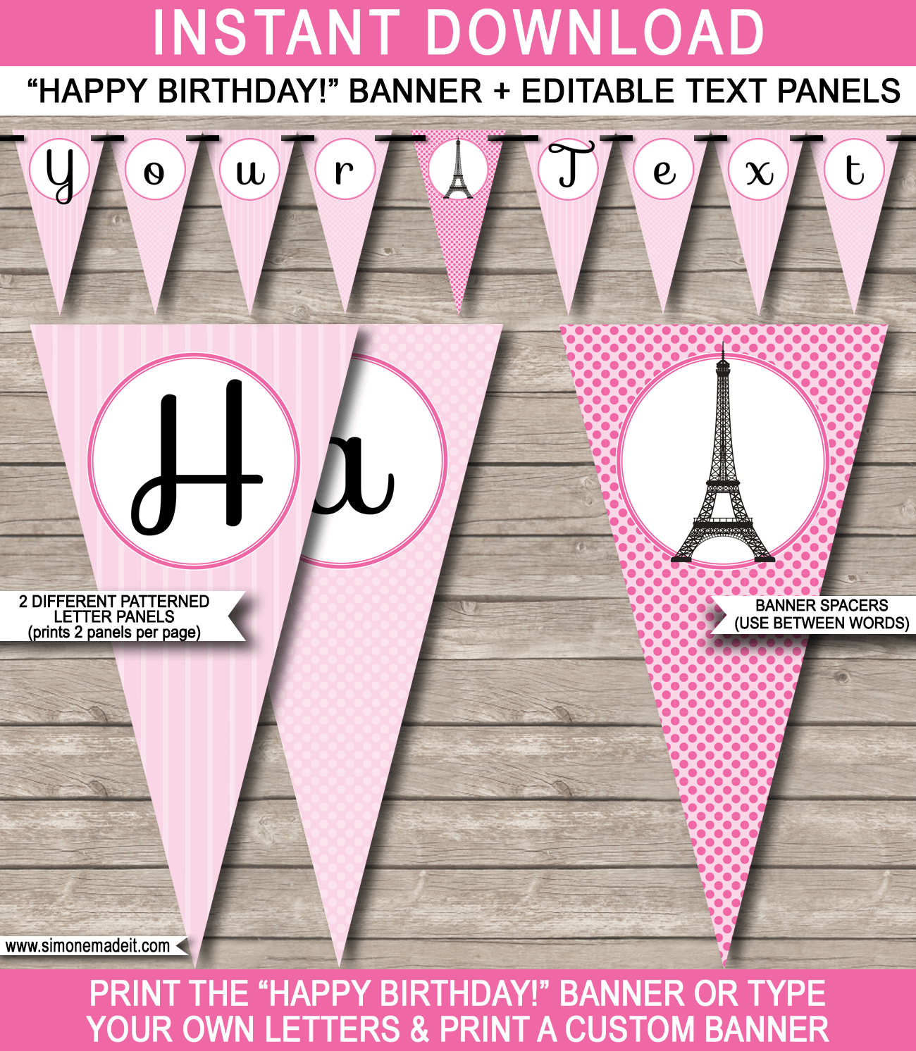 Paris Party Banner Template - Paris Bunting - Happy Birthday Banner - Birthday Party - Editable and Printable DIY Template - INSTANT DOWNLOAD $4.50 via simonemadeit.com