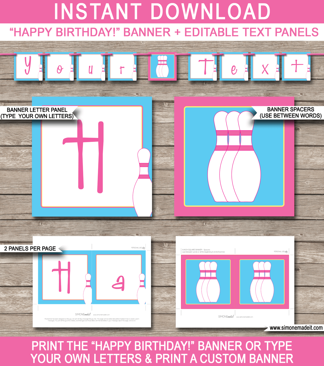Pink Girls Bowling Party Banner Template - Girls Bowling Bunting - Happy Birthday Banner - Birthday Party - Editable and Printable DIY Template - INSTANT DOWNLOAD $4.50 via simonemadeit.com