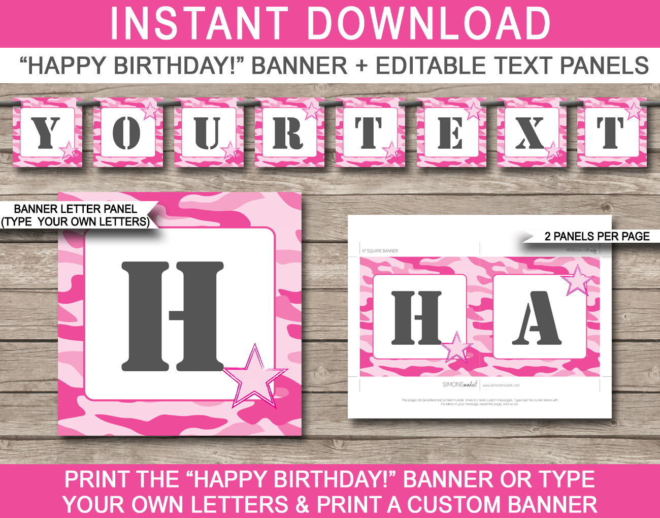 Pink Camo Banner Template - Pink Camo Bunting - Happy Birthday Banner - Birthday Party - Editable and Printable DIY Template - INSTANT DOWNLOAD $4.50 via simonemadeit.com