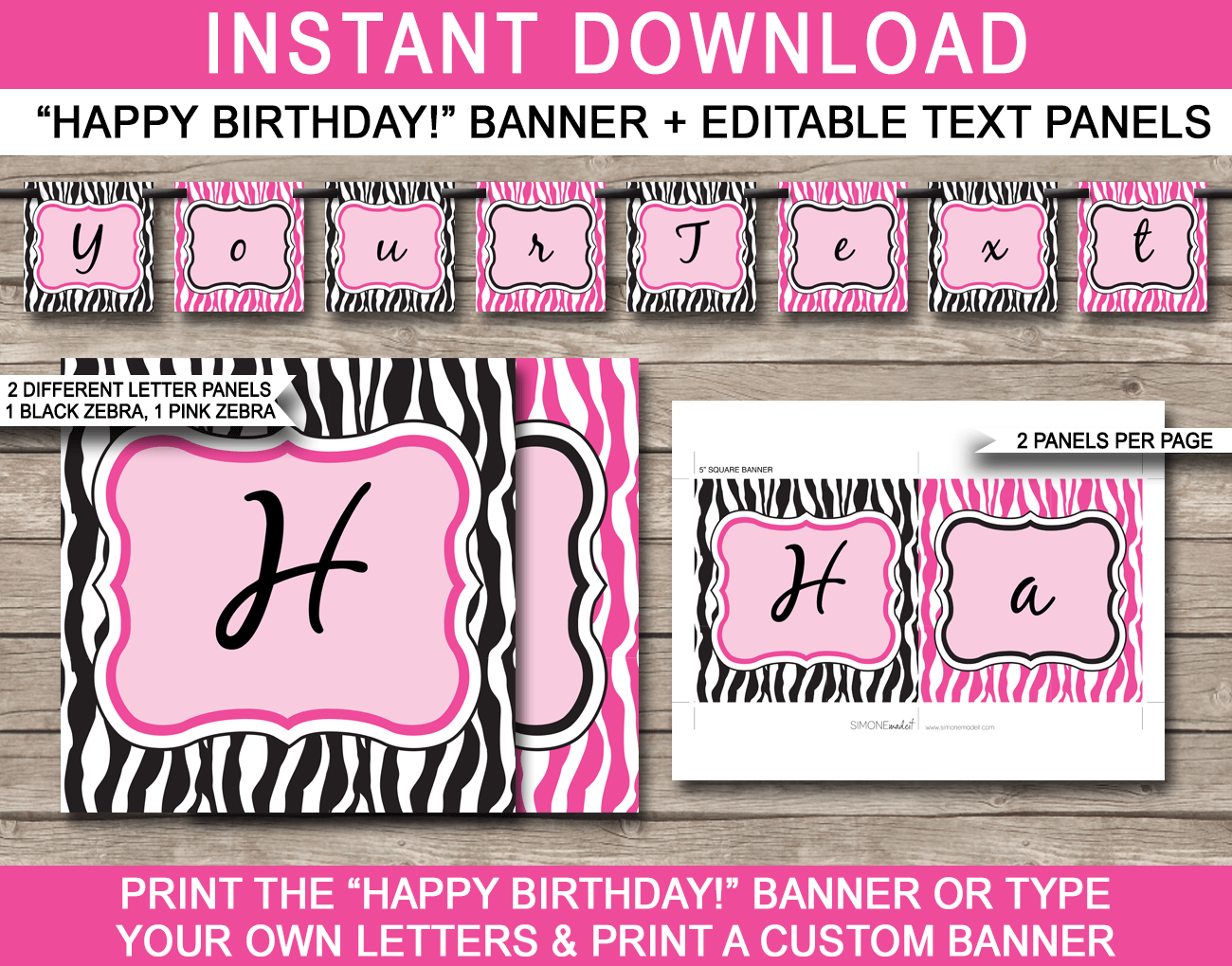 Pink Zebra Birthday Banner Template - Pink Zebra Bunting - Girls Happy Birthday Banner - Birthday Party - Editable and Printable DIY Template - INSTANT DOWNLOAD $4.50 via simonemadeit.com