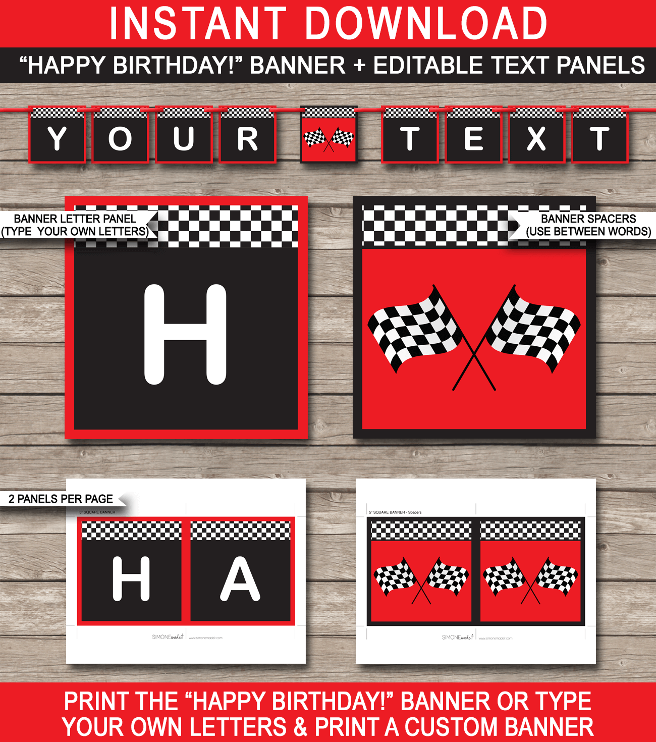 Race Car Party Banner Template - Race Car Bunting - Happy Birthday Banner - Birthday Party - Editable and Printable DIY Template - INSTANT DOWNLOAD $4.50 via simonemadeit.com